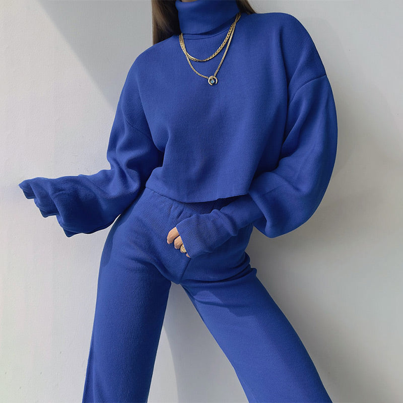 Atuendo de damas con tapa de recorte de cuello alto de manga larga y pantalones