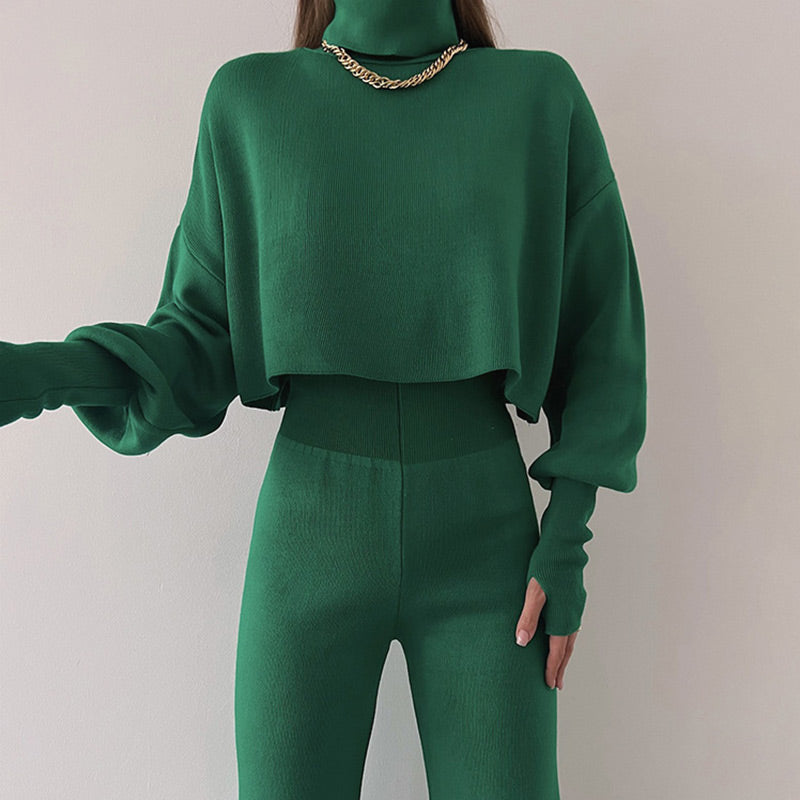 Atuendo de damas con tapa de recorte de cuello alto de manga larga y pantalones