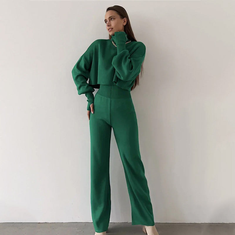 Atuendo de damas con tapa de recorte de cuello alto de manga larga y pantalones
