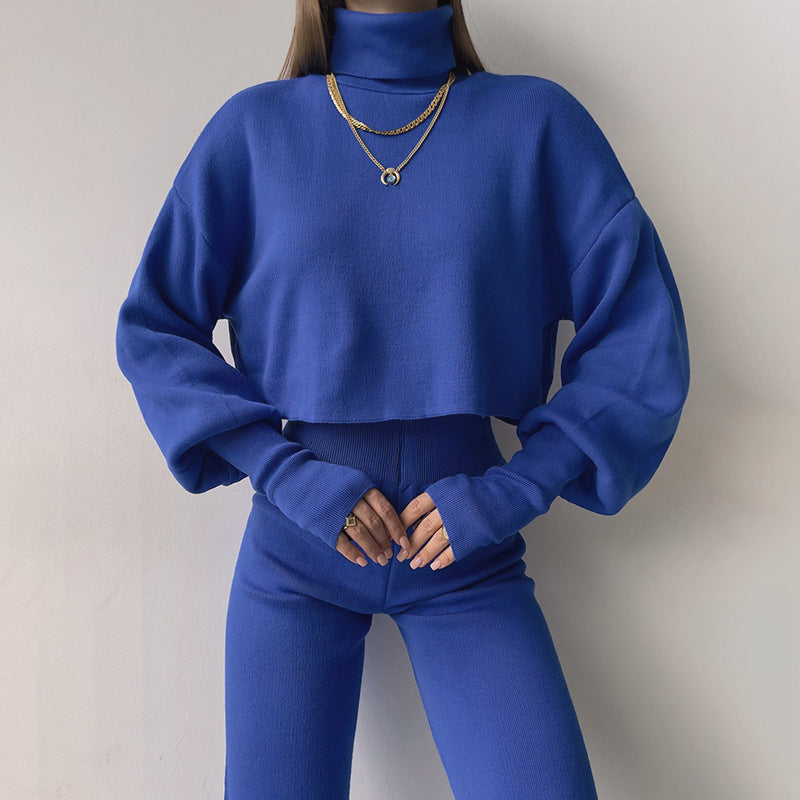 Atuendo de damas con tapa de recorte de cuello alto de manga larga y pantalones