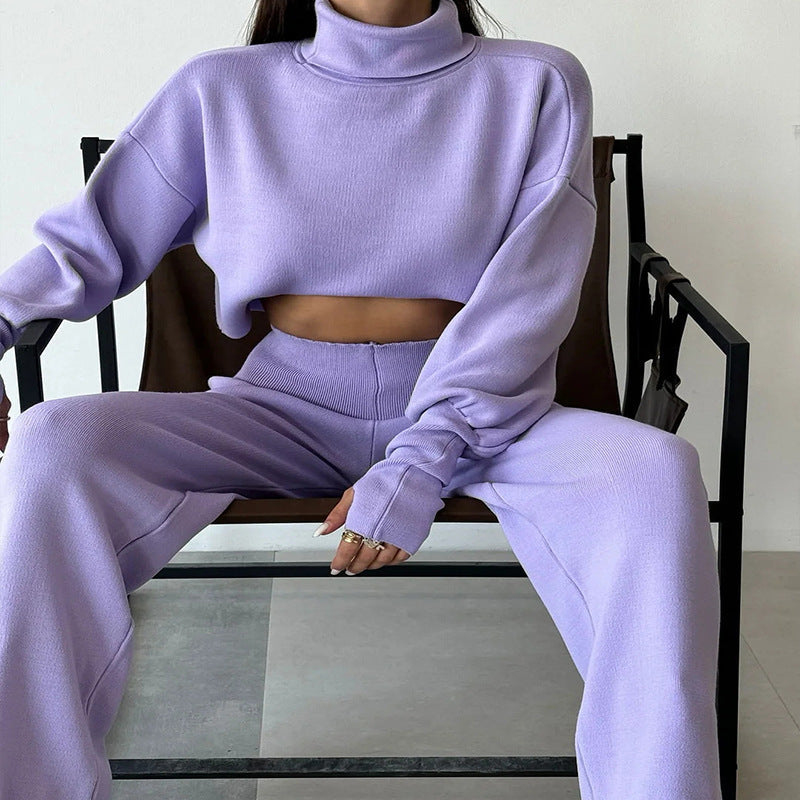 Atuendo de damas con tapa de recorte de cuello alto de manga larga y pantalones