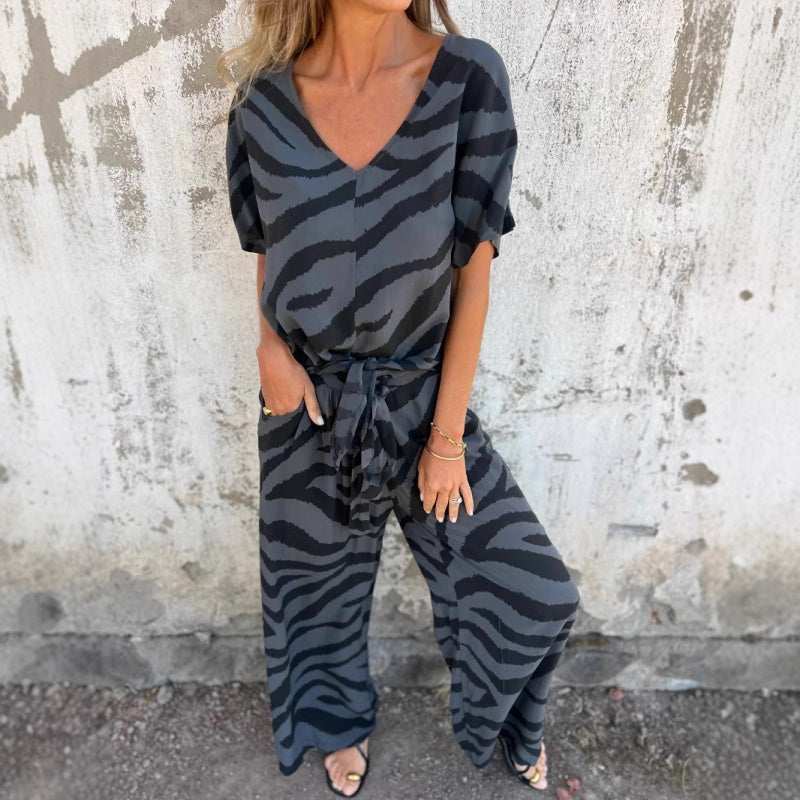 ✨¿Qué me pongo mañana?✨ Conjunto de dos piezas de top y pantalón con estampado de cebra y cuello en V para mujer