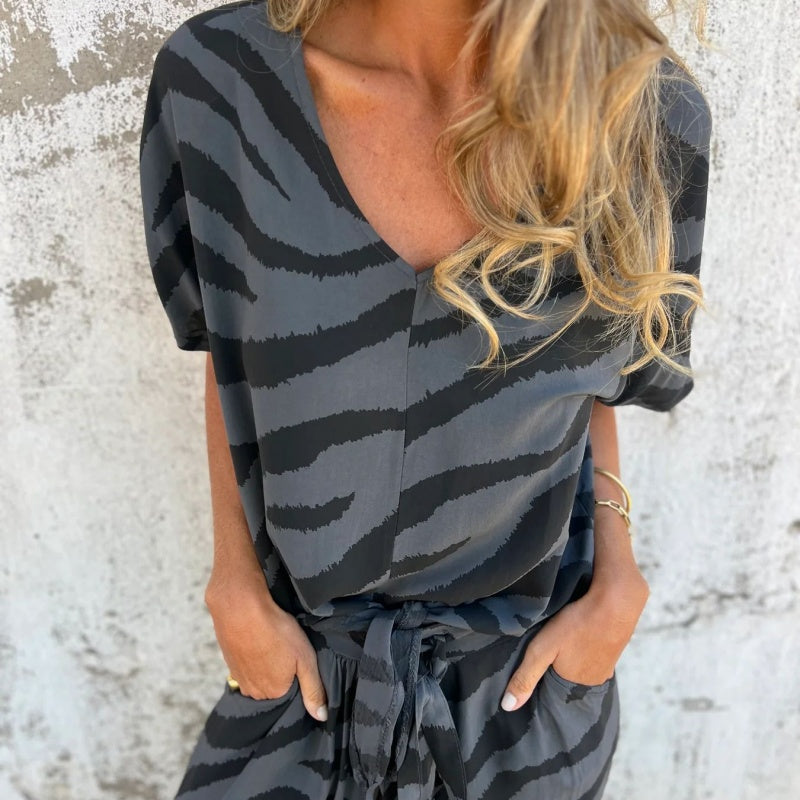 ✨¿Qué me pongo mañana?✨ Conjunto de dos piezas de top y pantalón con estampado de cebra y cuello en V para mujer