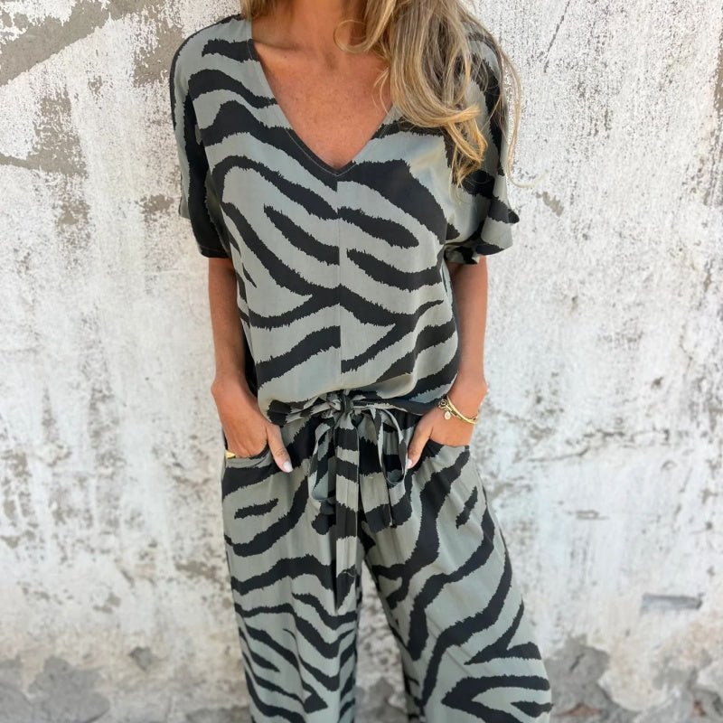 ✨¿Qué me pongo mañana?✨ Conjunto de dos piezas de top y pantalón con estampado de cebra y cuello en V para mujer