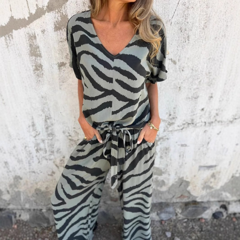 ✨¿Qué me pongo mañana?✨ Conjunto de dos piezas de top y pantalón con estampado de cebra y cuello en V para mujer