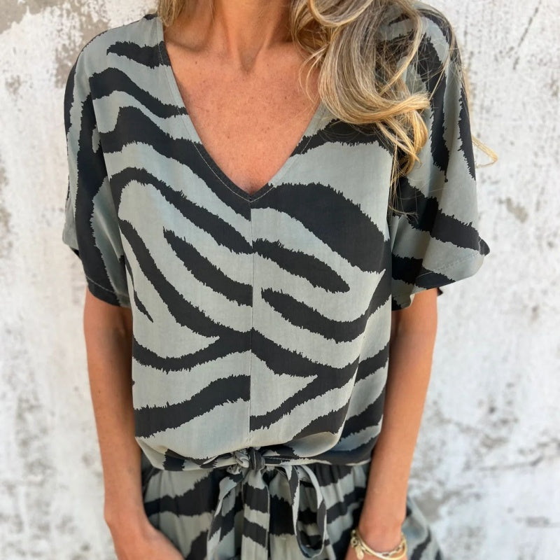 ✨¿Qué me pongo mañana?✨ Conjunto de dos piezas de top y pantalón con estampado de cebra y cuello en V para mujer