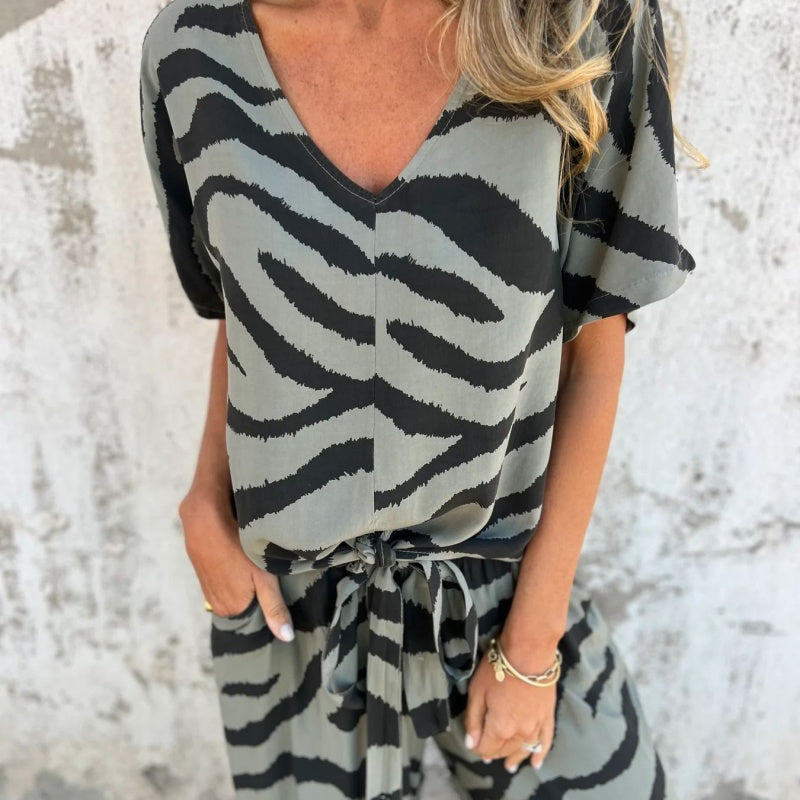 ✨¿Qué me pongo mañana?✨ Conjunto de dos piezas de top y pantalón con estampado de cebra y cuello en V para mujer