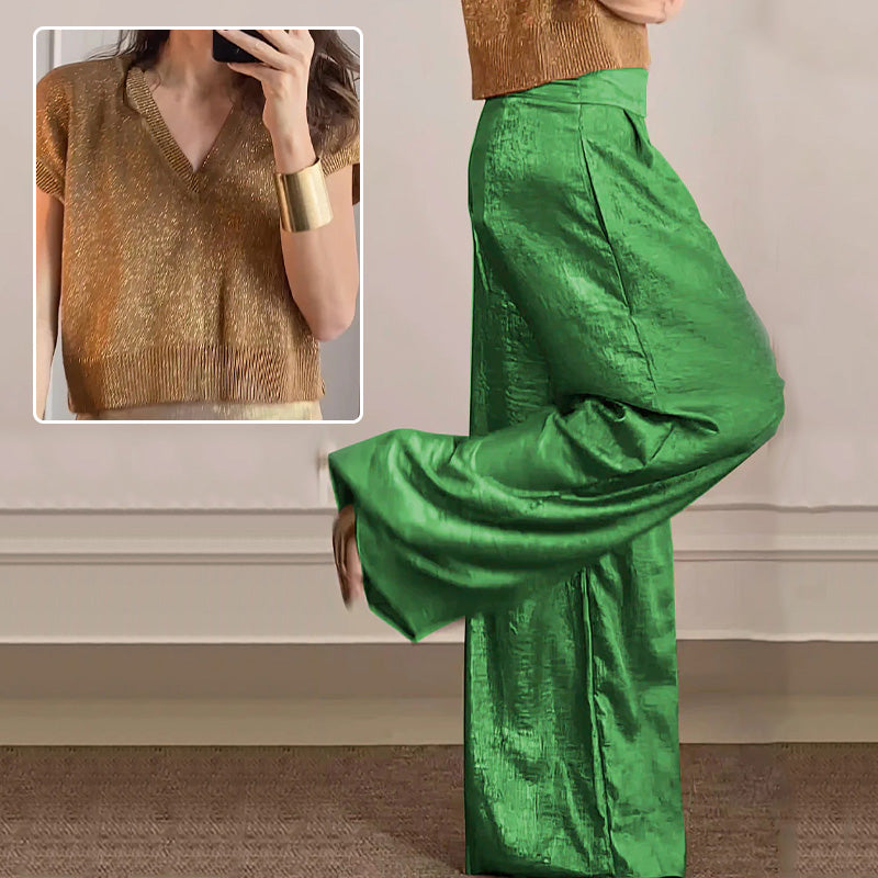 🔥Cárdigan brillante y pantalón ancho para mujer en conjunto de 2.
