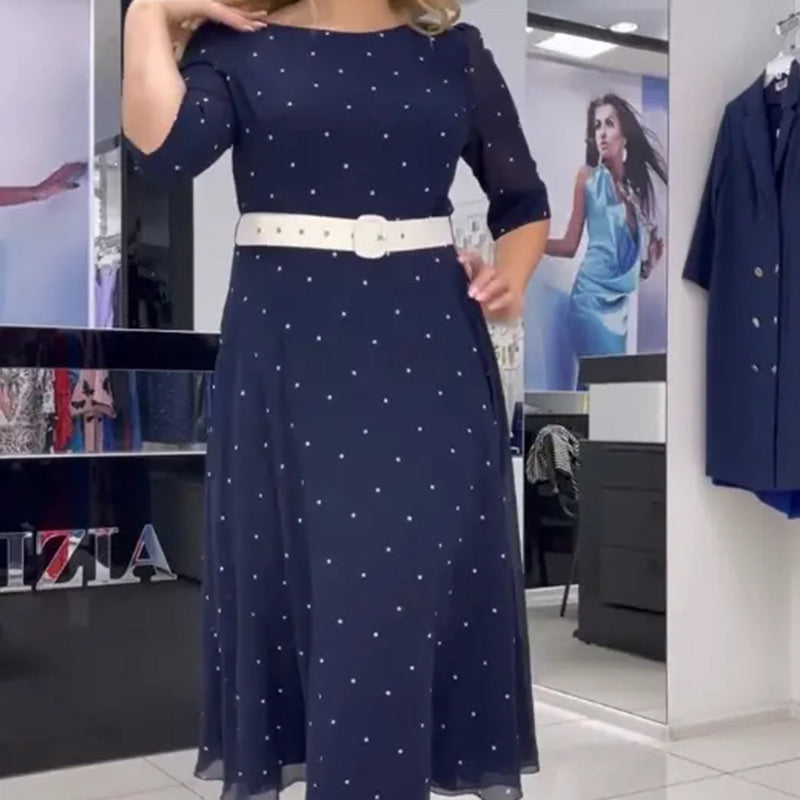 🌸Ofertas de primavera🌸 Vestido con cuello redondo, cinturón y mangas hasta la mitad.
