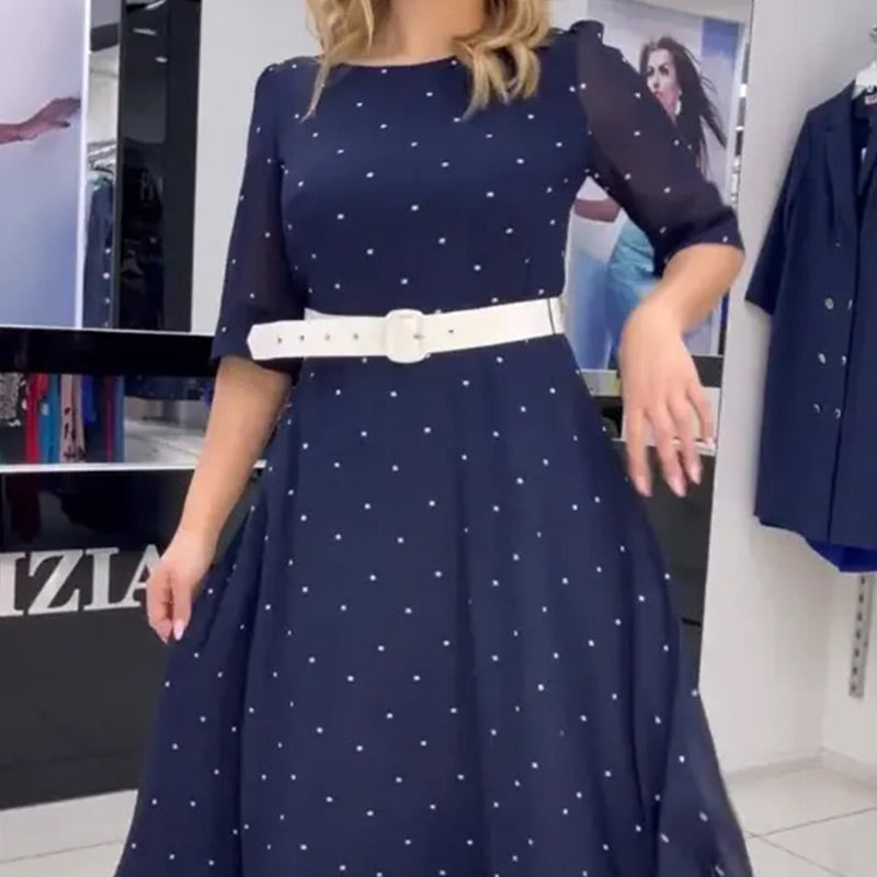 🌸Ofertas de primavera🌸 Vestido con cuello redondo, cinturón y mangas hasta la mitad.