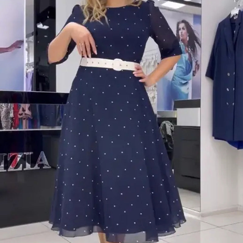 🌸Ofertas de primavera🌸 Vestido con cuello redondo, cinturón y mangas hasta la mitad.