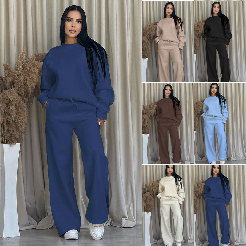 Conjunto de dos partes de moda hecha de top solo con un solo color, suelto y manga larga con un escote circular y pantalones