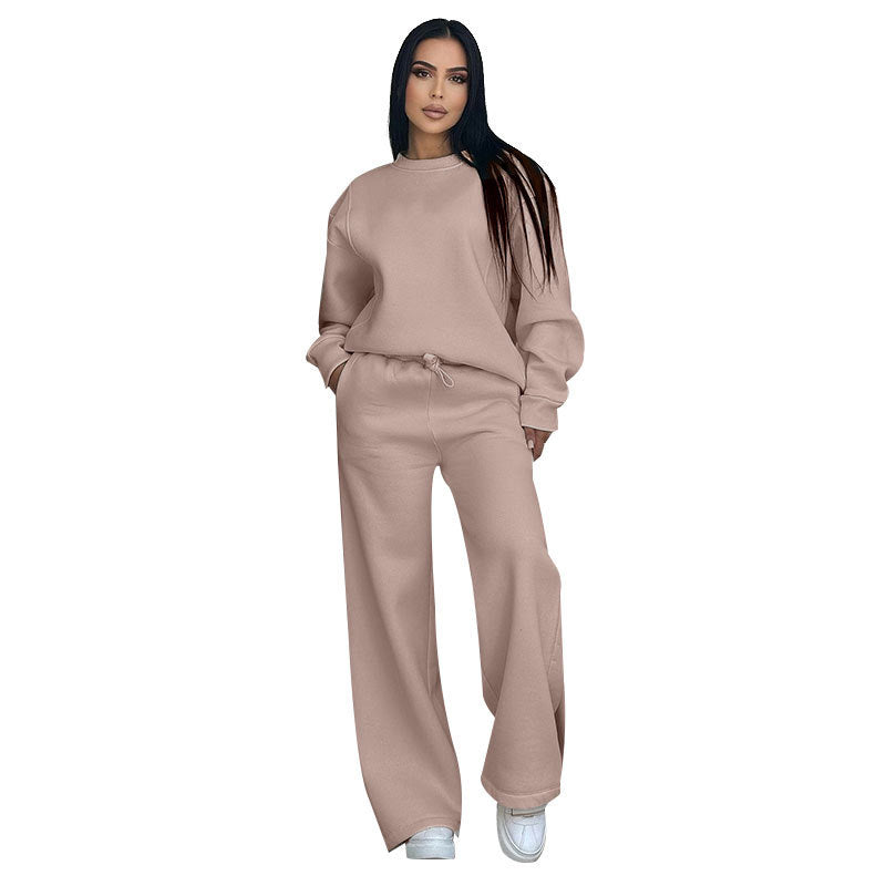 Conjunto de dos partes de moda hecha de top solo con un solo color, suelto y manga larga con un escote circular y pantalones