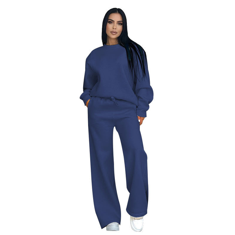 Conjunto de dos partes de moda hecha de top solo con un solo color, suelto y manga larga con un escote circular y pantalones