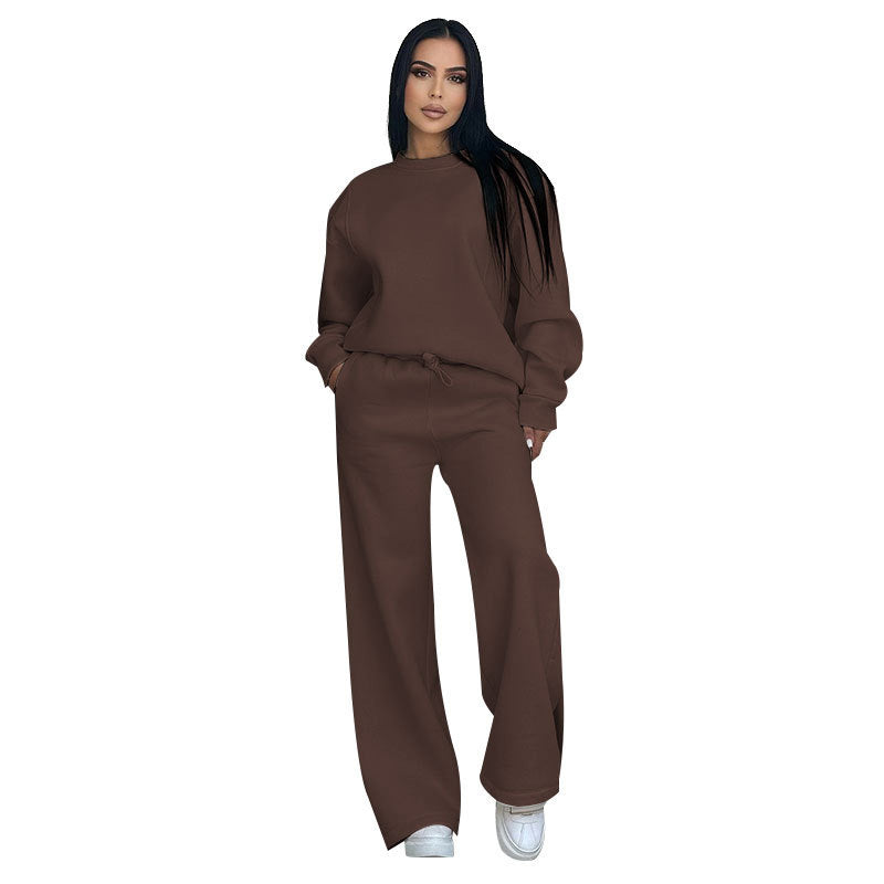 Conjunto de dos partes de moda hecha de top solo con un solo color, suelto y manga larga con un escote circular y pantalones