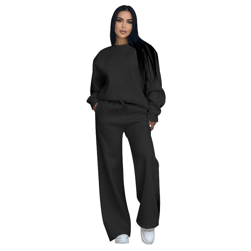 Conjunto de dos partes de moda hecha de top solo con un solo color, suelto y manga larga con un escote circular y pantalones