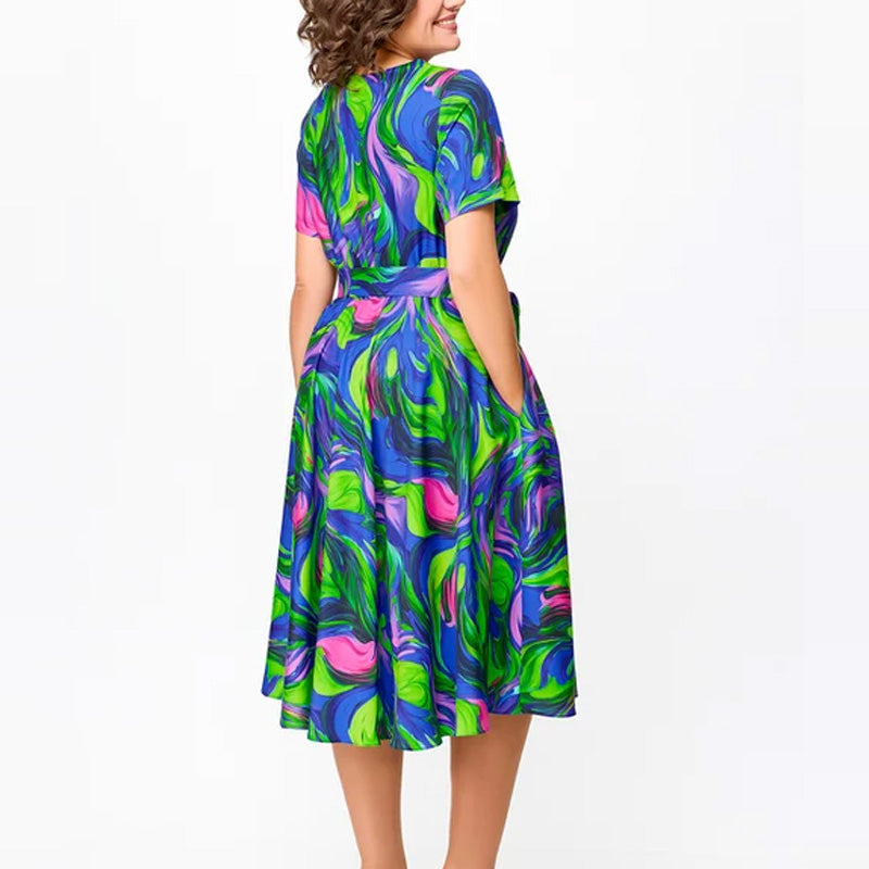 🌸Ofertas de primavera💐👗Vestido midi ajustado, estampado y de manga corta para mujer