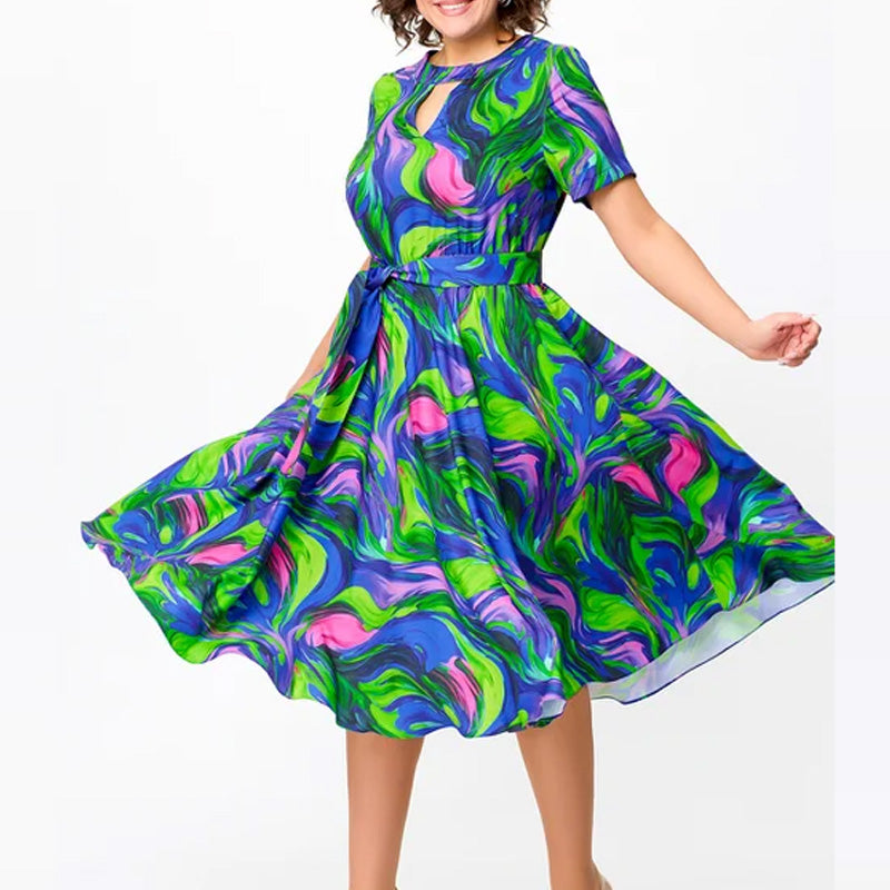 🌸Ofertas de primavera💐👗Vestido midi ajustado, estampado y de manga corta para mujer
