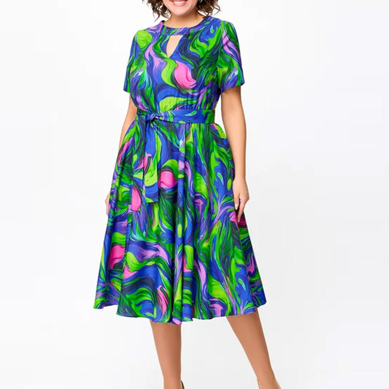 🌸Ofertas de primavera💐👗Vestido midi ajustado, estampado y de manga corta para mujer