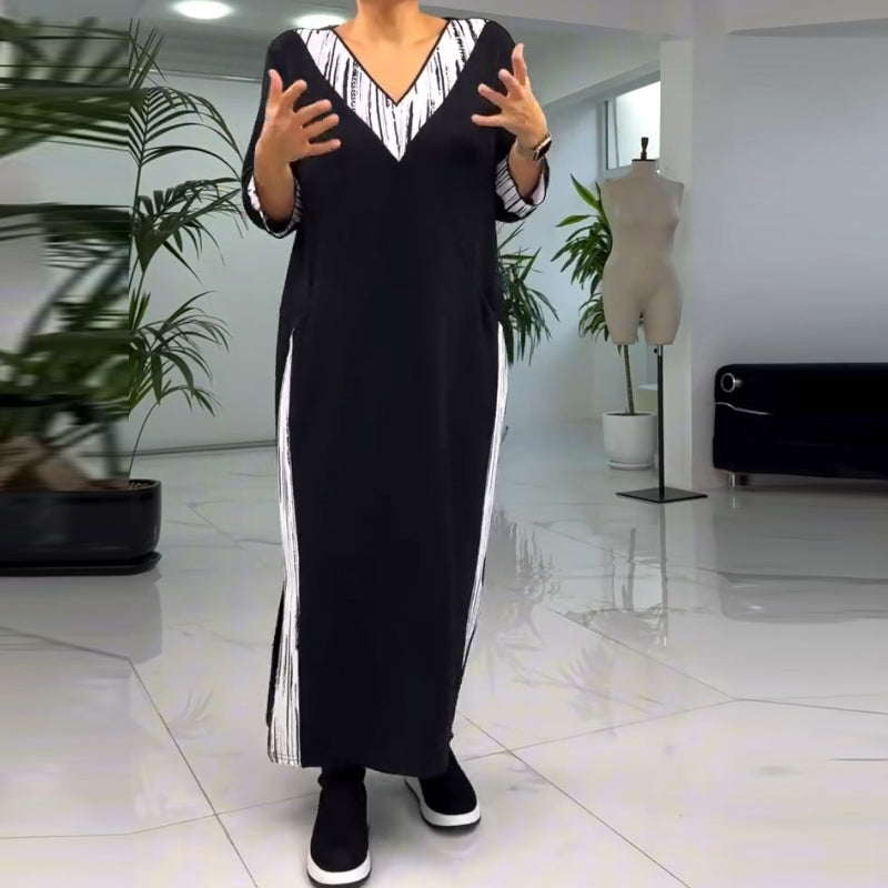 Vestido hasta el tobillo con cuello en V y color de contraste para mujeres