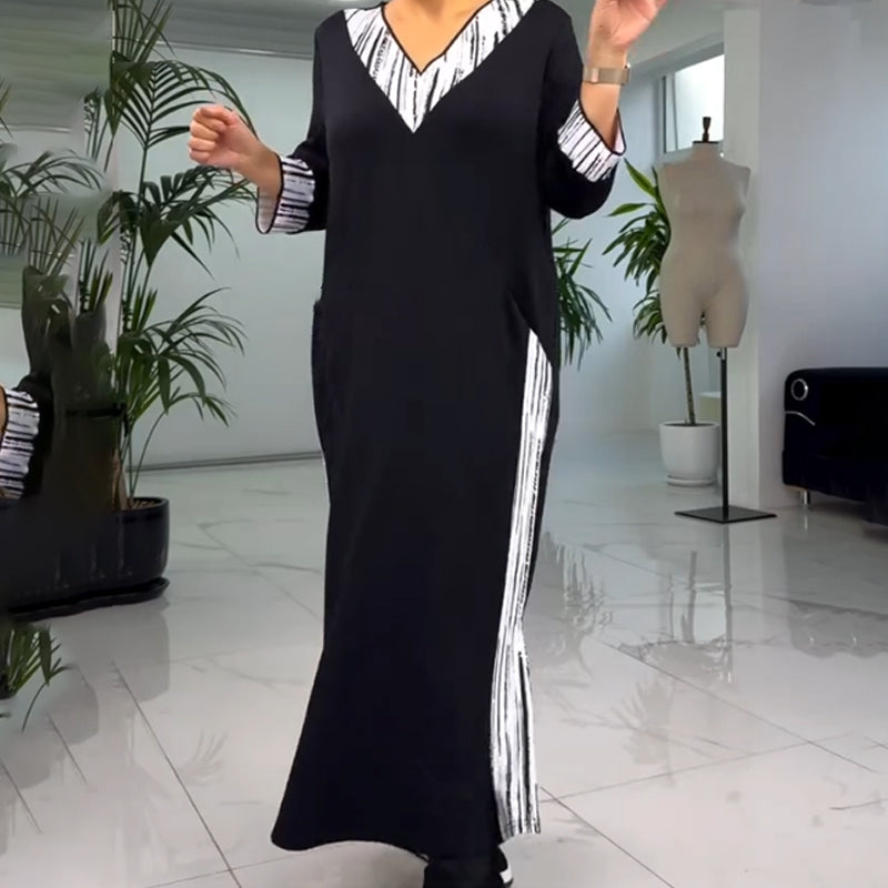 Vestido hasta el tobillo con cuello en V y color de contraste para mujeres