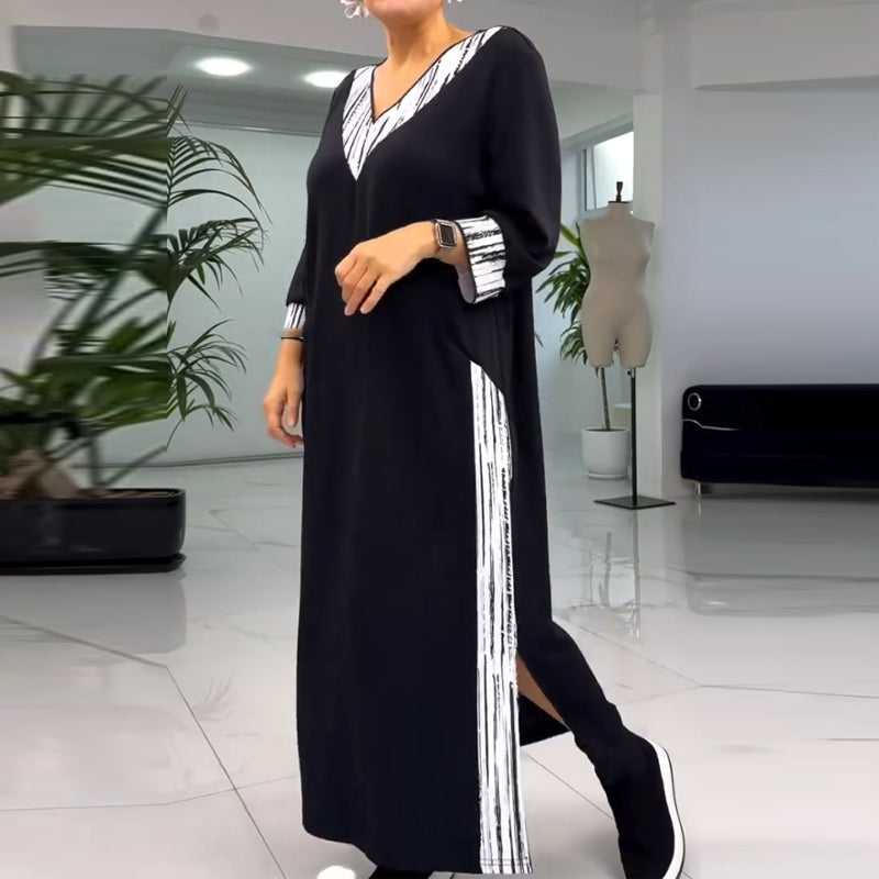 Vestido hasta el tobillo con cuello en V y color de contraste para mujeres