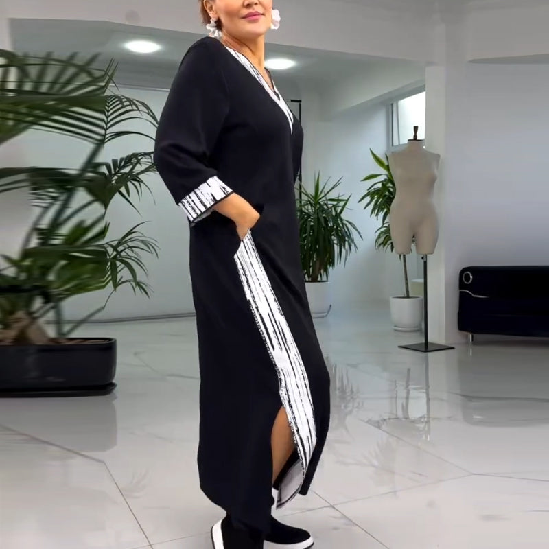 Vestido hasta el tobillo con cuello en V y color de contraste para mujeres