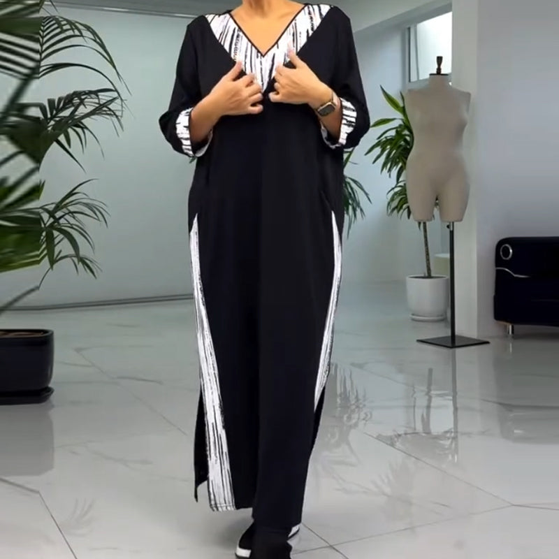 Vestido hasta el tobillo con cuello en V y color de contraste para mujeres