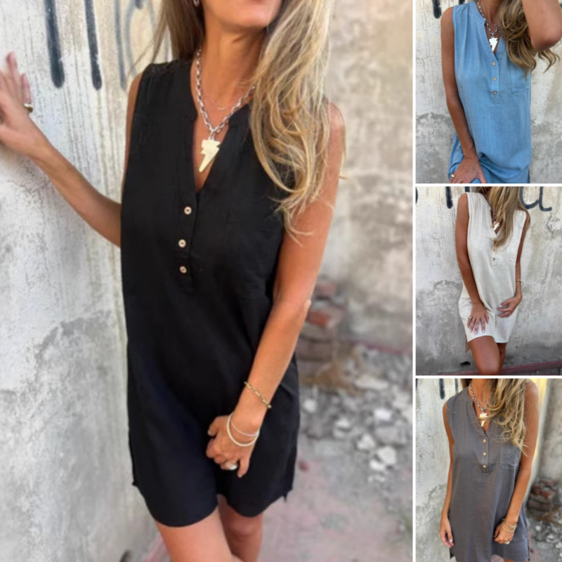 ⏳Descuento del 50% por tiempo limitado💥Vestido de mujer con escote en V, sin mangas y botones al frente