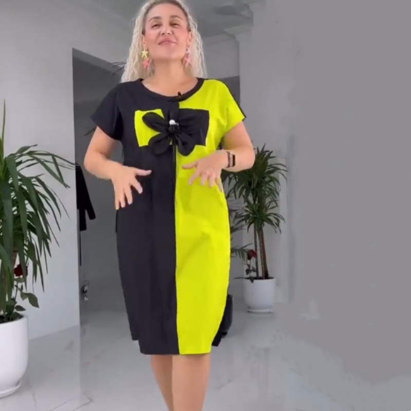 Vestido casual de mosaico negro y verde para mujeres