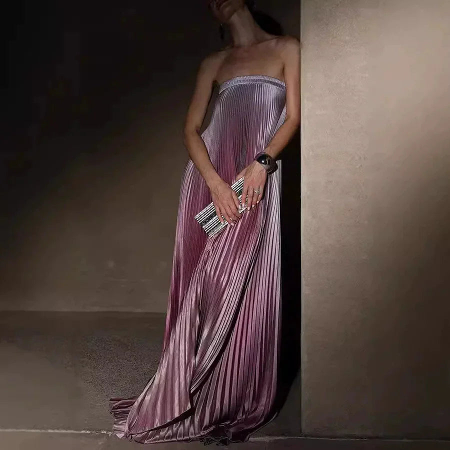 Vestido de noche plisado sin tirantes ombre