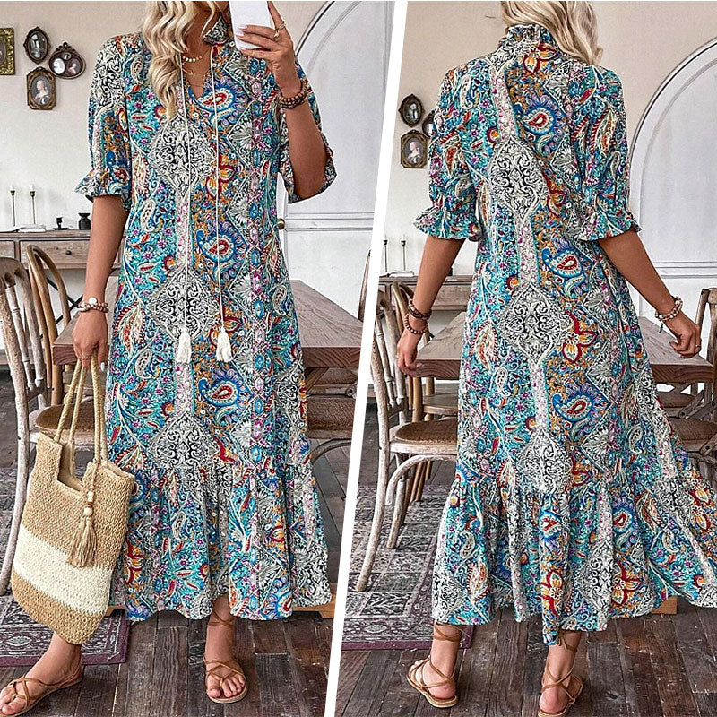 Vestido de verano para mujeres con escote túnica y patrón de flores