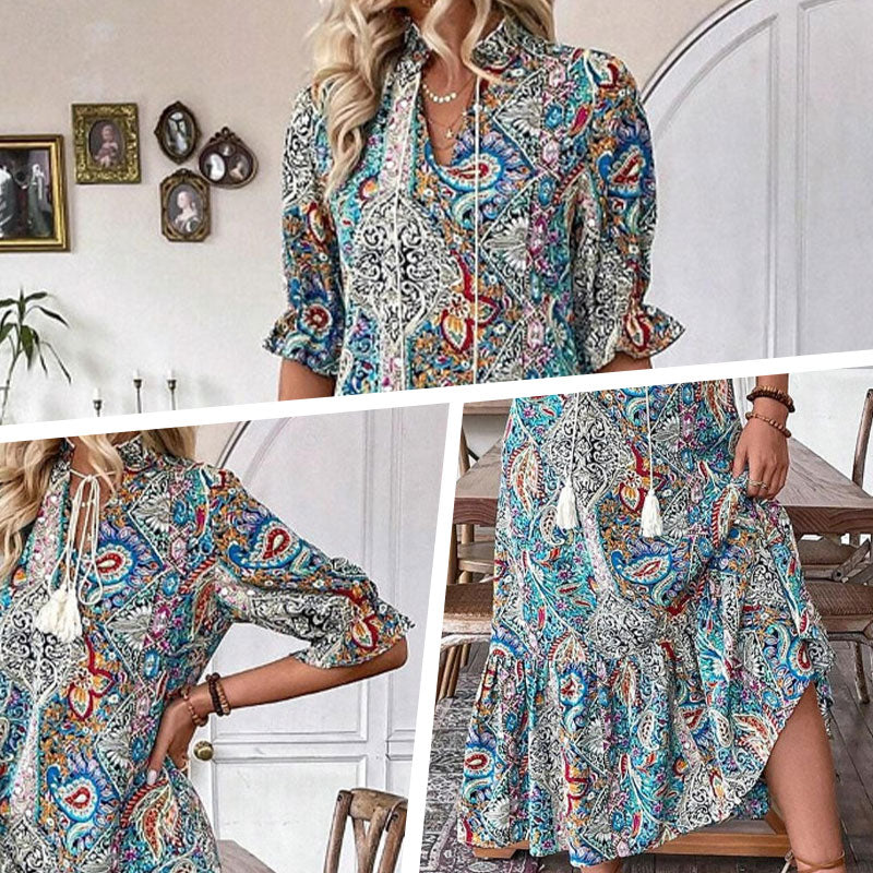 Vestido de verano para mujeres con escote túnica y patrón de flores
