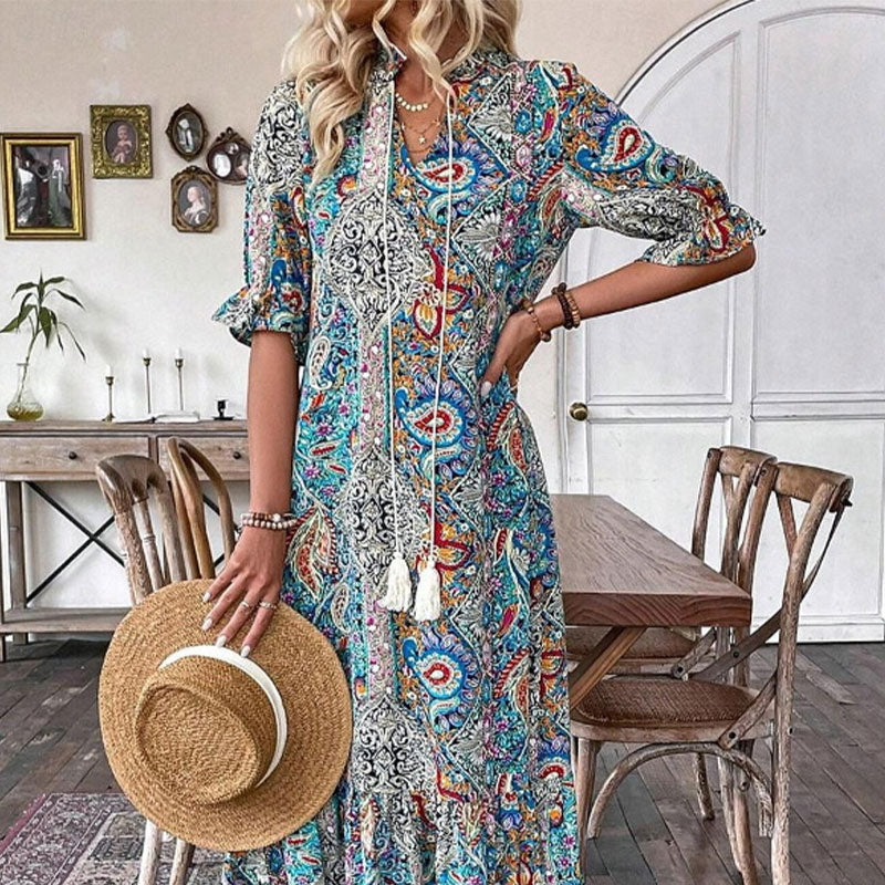Vestido de verano para mujeres con escote túnica y patrón de flores