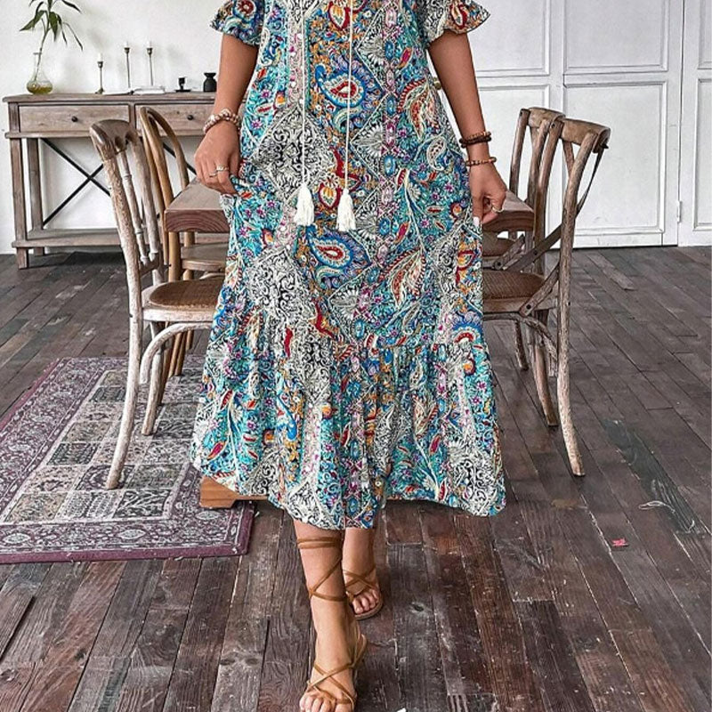 Vestido de verano para mujeres con escote túnica y patrón de flores