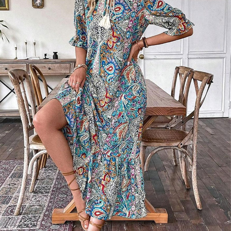 Vestido de verano para mujeres con escote túnica y patrón de flores