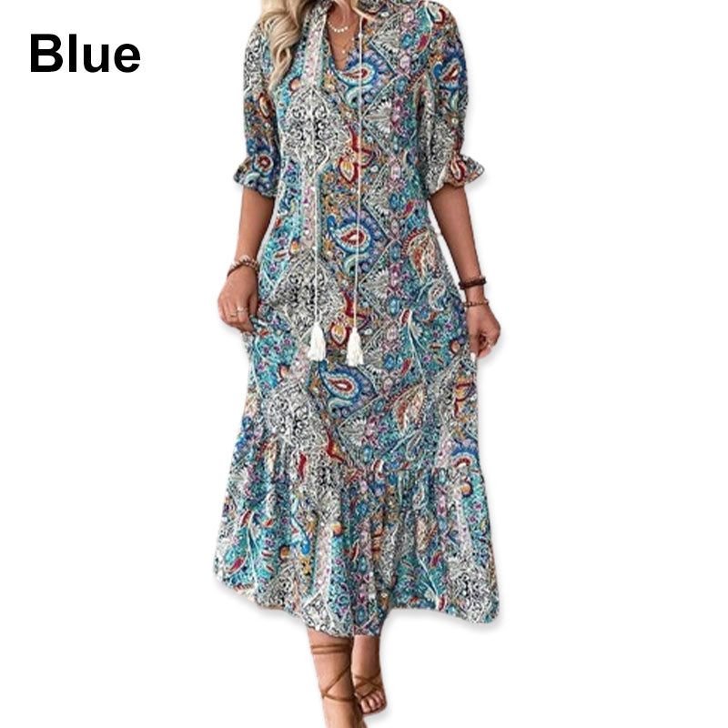 Vestido de verano para mujeres con escote túnica y patrón de flores