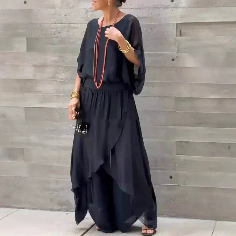 🌹Rebajas de primavera 50% de descuento🌹Conjunto de gasa de 2 piezas con top holgado y pantalón con abertura ancha