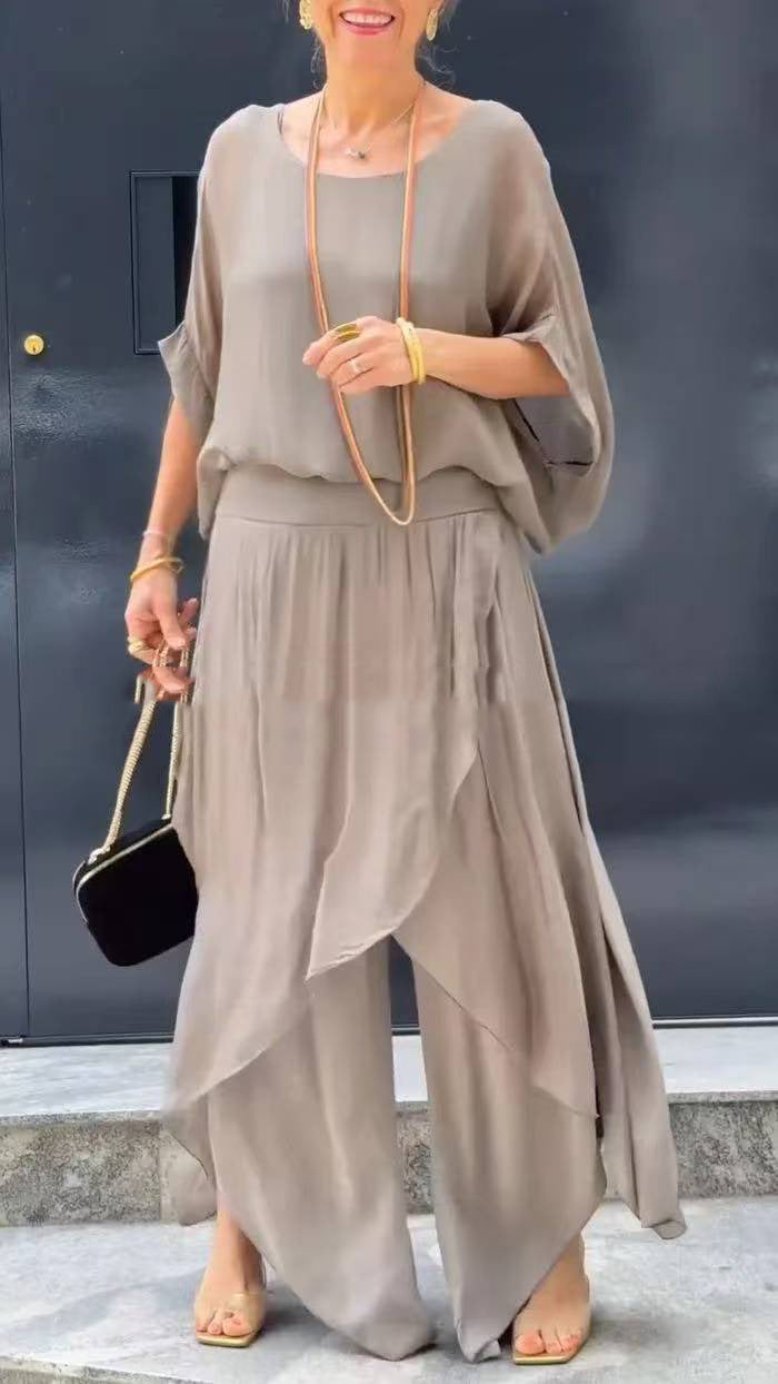 🌹Rebajas de primavera 50% de descuento🌹Conjunto de gasa de 2 piezas con top holgado y pantalón con abertura ancha