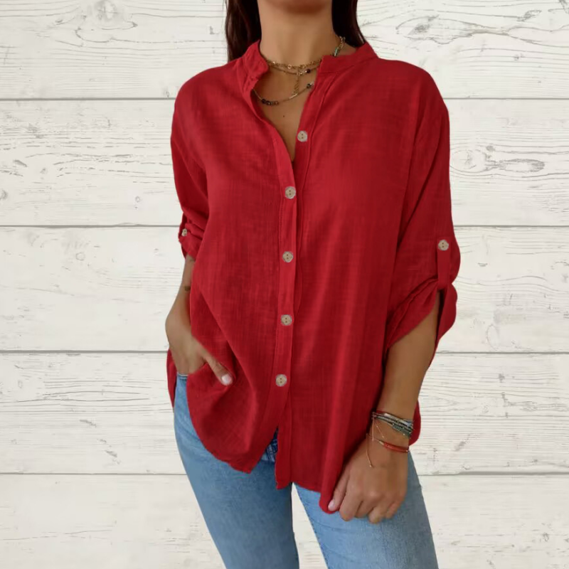 Camisa de manga larga para mujeres hecha de lino de algodón con un escrito en V