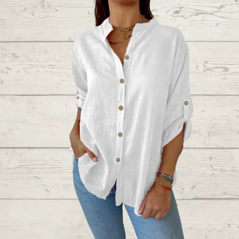 Camisa de manga larga para mujeres hecha de lino de algodón con un escrito en V