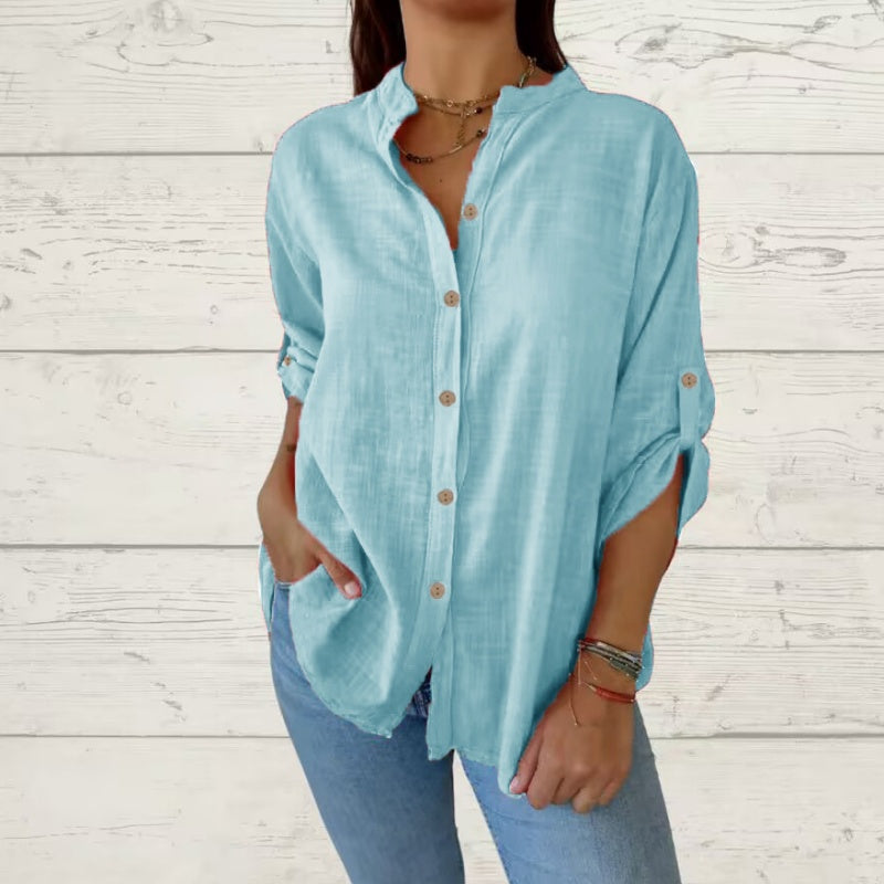 Camisa de manga larga para mujeres hecha de lino de algodón con un escrito en V
