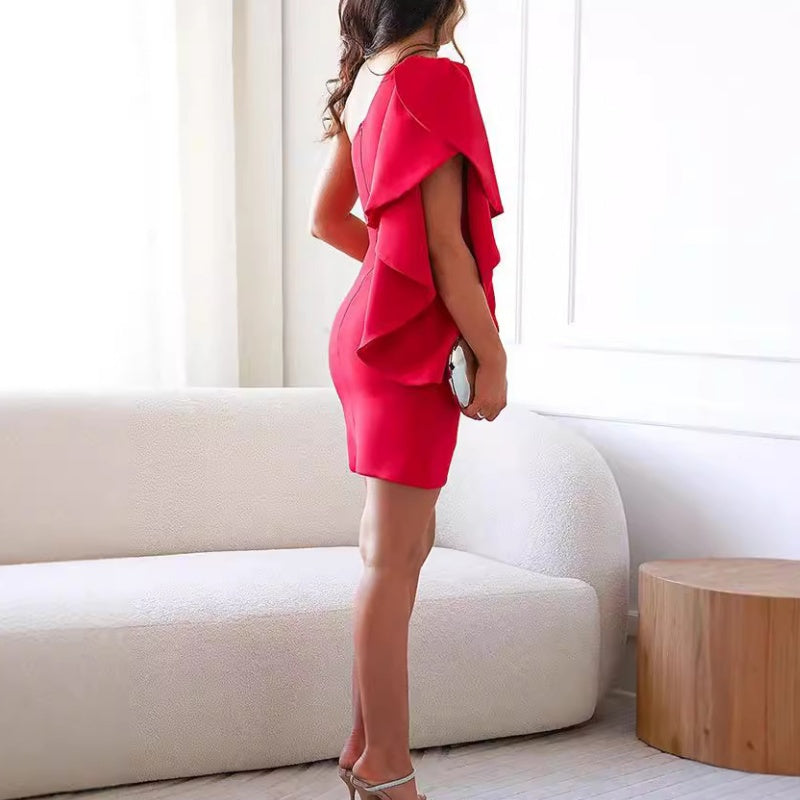 Vestido de cóctel con un solo hombro y mangas con volantes para mujer💖💖Compra 2 y obtén envío gratis