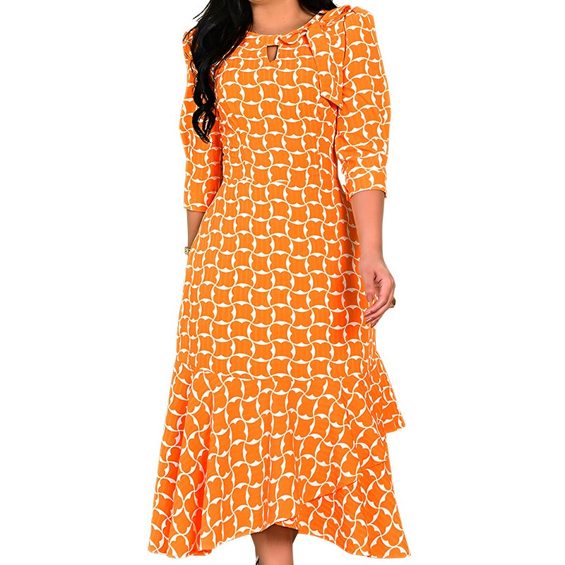 Vestido de moda y estampado naranja con 3/4 mangas para mujeres