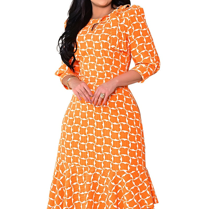 Vestido de moda y estampado naranja con 3/4 mangas para mujeres