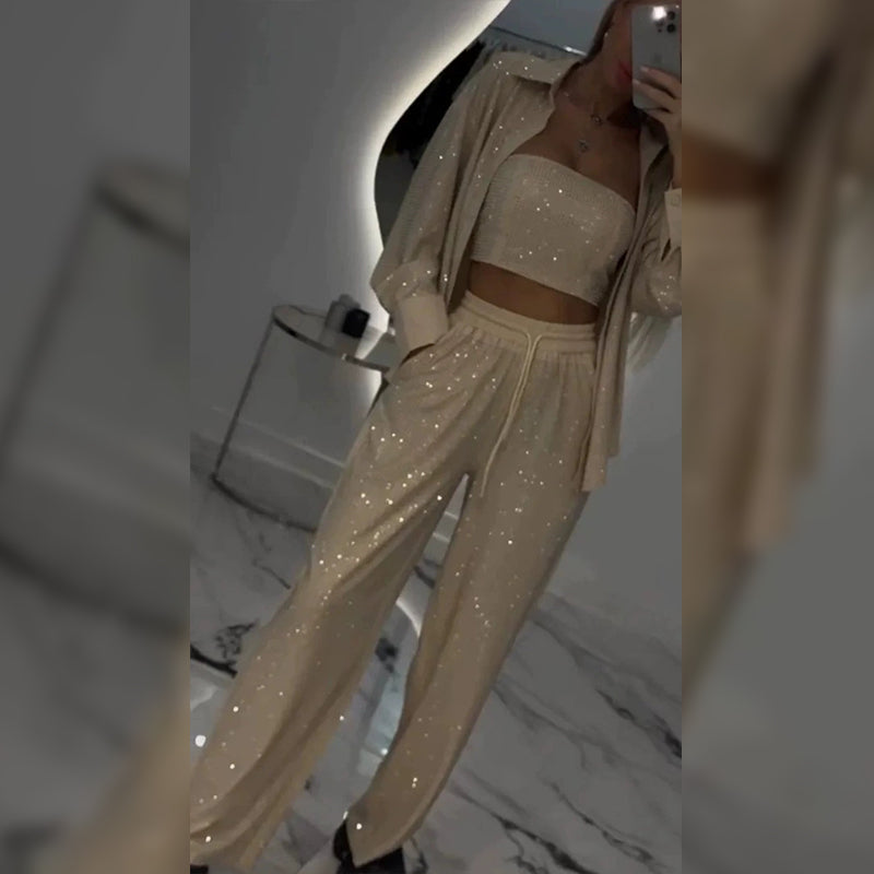 Set de lentejuelas de tres partes para mujeres: blazer y pantalones con una pierna ancha