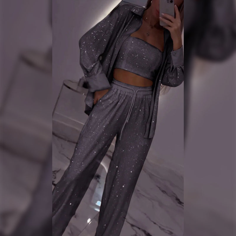 Set de lentejuelas de tres partes para mujeres: blazer y pantalones con una pierna ancha