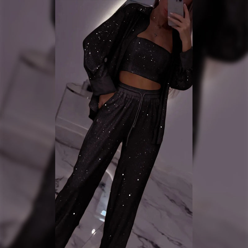 Set de lentejuelas de tres partes para mujeres: blazer y pantalones con una pierna ancha