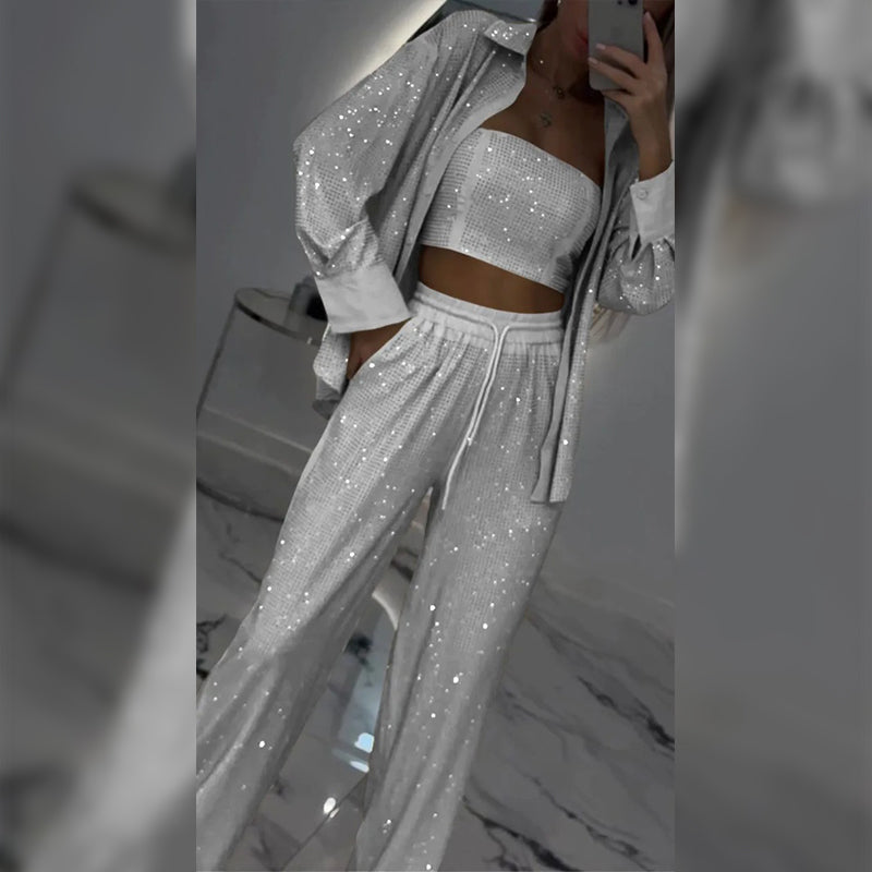 Set de lentejuelas de tres partes para mujeres: blazer y pantalones con una pierna ancha