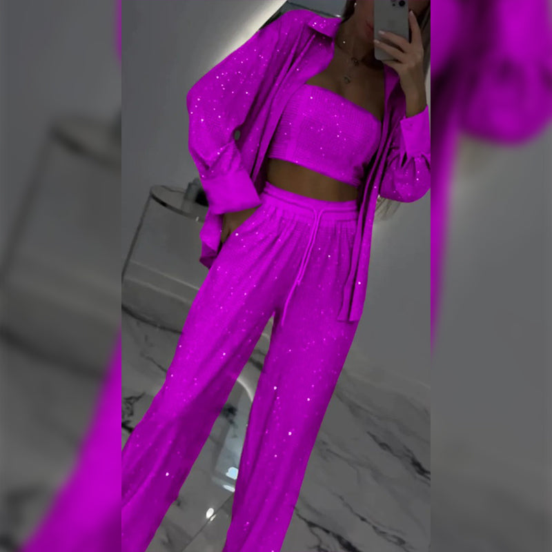 Set de lentejuelas de tres partes para mujeres: blazer y pantalones con una pierna ancha
